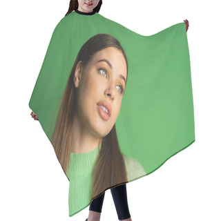 Personality  Brunette Teenage Girl Looking Away On Green Background  Hair Cutting Cape
