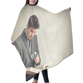 Personality  Young Businessman Looking At A Book With Magnifying Glass Hair Cutting Cape