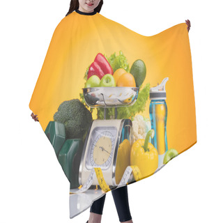 Personality  Close-up View Of Fresh Fruits And Vegetables On Scales, Sports Bottle With Water, Dumbbells And Measuring Tape On Yellow   Hair Cutting Cape