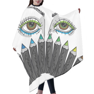 Personality  Sketch Of Cartoon Eyes And Professional Eye Liner. Vector Illust Hair Cutting Cape
