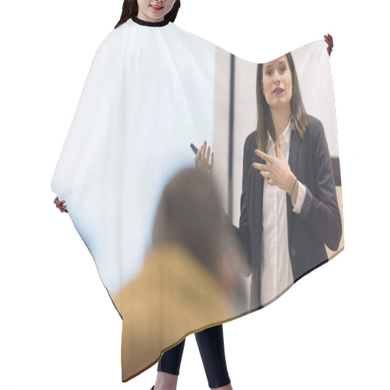 Personality  Pretty Young Businesswoman, Teacher Or Mentor Coach Speaking To  Hair Cutting Cape