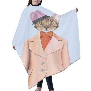 Personality  Cat Girl Dressed Up In Classic Retro Style. Vector Illustration Of Cute Anthropomorphic Cat Wearing Suit, Blouse, Shirt And Hat. Realistic Fashion Animal Portrait Isolated On Lilac Background Hair Cutting Cape