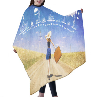 Personality  Lonely Girl With Suitcase At Country Road Dreaming About Travel. Hair Cutting Cape