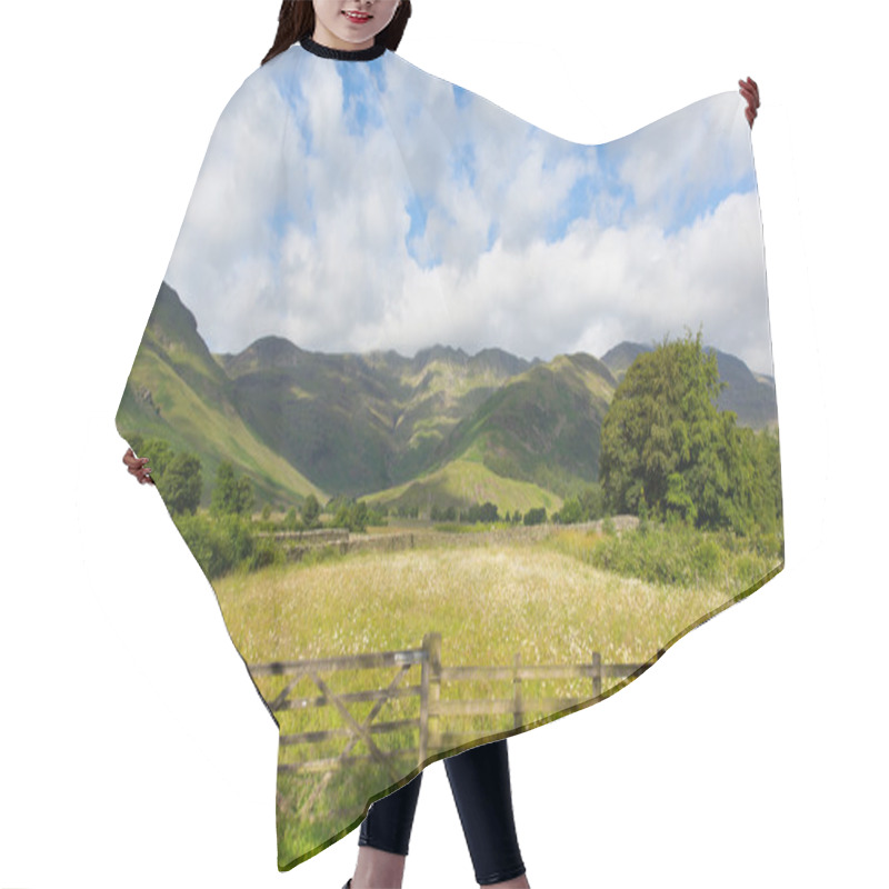 Personality  Mountains And Daisies Blue Sky And Clouds Scenic Langdale Valley Lake District Cumbria Near Old Dungeon Ghyll England UK In Summer Hair Cutting Cape