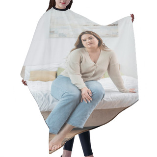 Personality  Pretty Body Positive Woman In Casual Clothes Looking At Camera On Bed  Hair Cutting Cape