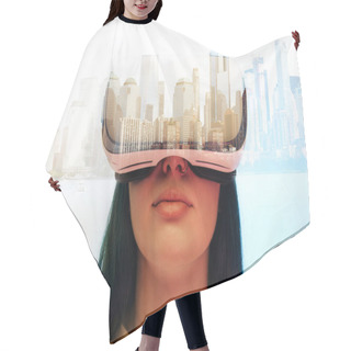 Personality  Double Exposure Of Brunette Girl Wearing Virtual Reality Headset And Modern City With Skyscrapers  Hair Cutting Cape