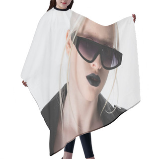 Personality  Fashionable Albino Woman In Sunglasses And Leather Jacket Isolated On White Hair Cutting Cape