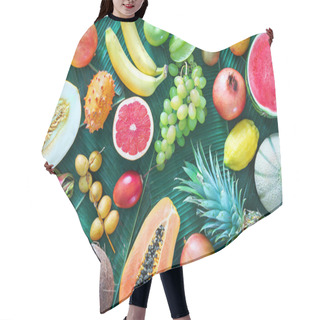 Personality  Assortment Of Tropical Fruits On Leaves Of Palm Trees. Top View Hair Cutting Cape
