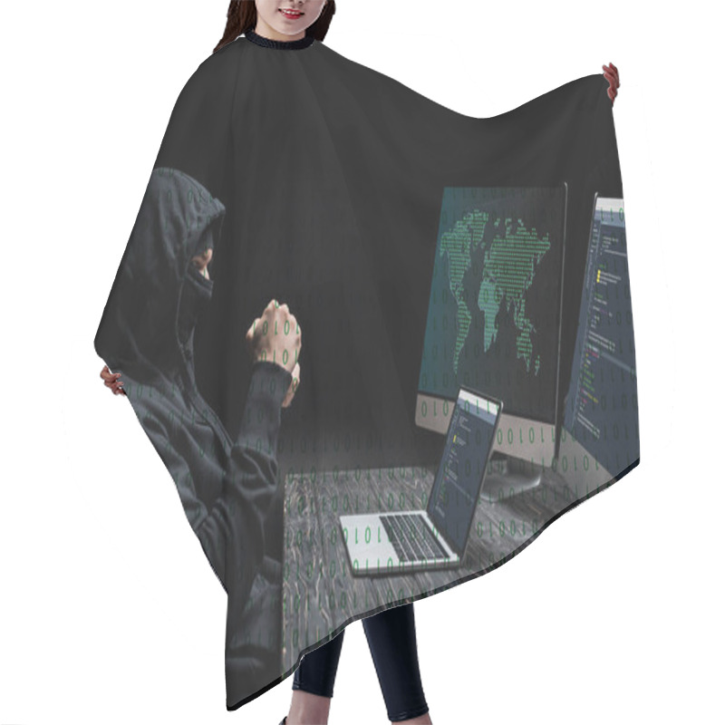 Personality  Hacker With Clenched Fists Looking At Laptop With Near Computer Monitors With World Map On Black  Hair Cutting Cape