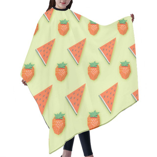 Personality  Top View Of Seamless Pattern With Handmade Paper Strawberries And Watermelon Slices Isolated On Green Hair Cutting Cape