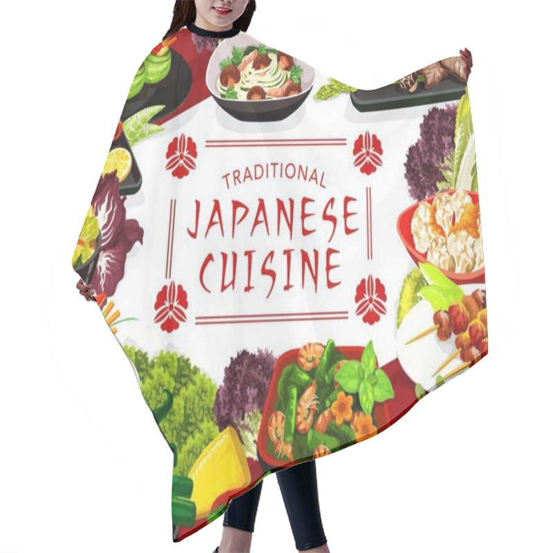 Personality  Japanese cuisine menu vector cover. Fresh seafood, meat and vegetable dishes. Shrimp salad, shellfish and puffer fish, butaziru pork soup, braised cabbage with fried tofu cheese meals hair cutting cape