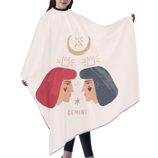 Personality  Zodiac Girl Gemini Characters. Space Head Sign. Vector Illustration. Hair Cutting Cape
