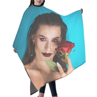 Personality  Young Woman With Black Lipstick Holding Red Rose On Blue Hair Cutting Cape