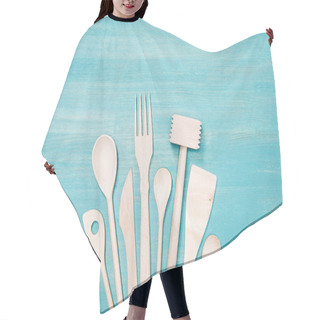 Personality  Top View Of Various Wooden Cooking Utensils On Blue Tabletop Hair Cutting Cape