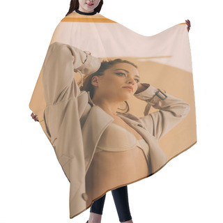 Personality  Low Angle View Of Sexy Girl In Coat And Underwear Touching Hair On Beige Background Hair Cutting Cape