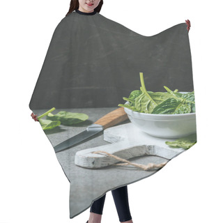 Personality  Organic Fresh Spinach Leaves In White Bowl On Cutting Board Near Metal Knife Hair Cutting Cape