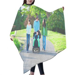 Personality  Disabled Boy In Wheelchair Walking With Family Outdoors On Sunny Hair Cutting Cape