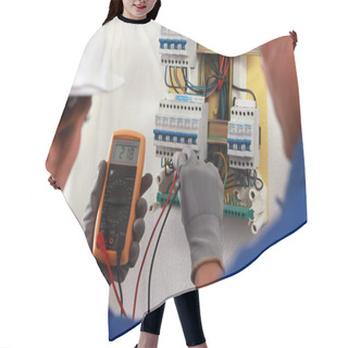Personality  Electrician And His Apprentice Working On A Fuse Board Hair Cutting Cape