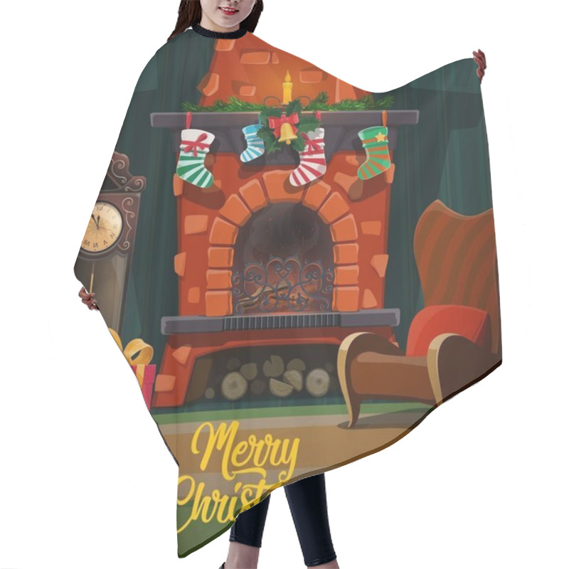 Personality  Christmas fireplace with xmas gifts and stockings hair cutting cape