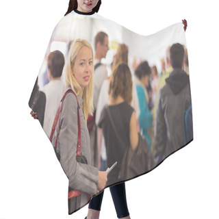 Personality  Young Blond Caucsian Woman Waiting In Line. Hair Cutting Cape