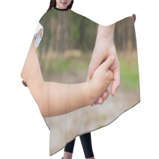 Personality  Mother Holding A Hand Of His Doughter Outdoors Hair Cutting Cape
