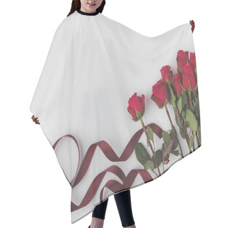 Personality  Top View Of Beautiful Red Roses With Ribbon Isolated On White, St Valentines Day Concept Hair Cutting Cape