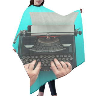 Personality  Woman Typing Vintage Typewriter, Top View Of Hands On Blue Background Hair Cutting Cape