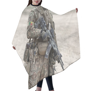 Personality  Soldier With Assault Rifle And Flag Of Benin On Military Uniform. Collage.  Hair Cutting Cape