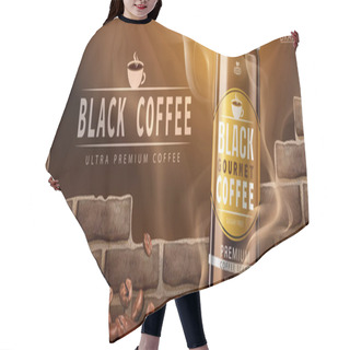 Personality  Premium Black Coffee Beans Ad Design In 3d Illustration With Roasted Coffee Beans By A Wall Hair Cutting Cape