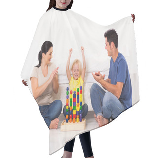 Personality  Happy Little Girl Playing Toys With Parents On Bedroom Floor Hair Cutting Cape