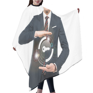 Personality  Cropped View Of Businessman In Formal Wear Gesturing Near Virtual Key Isolated On White  Hair Cutting Cape
