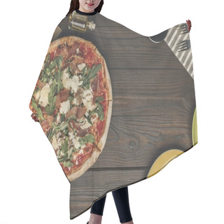 Personality  Flat Lay With Arranged Italian Pizza, Cutlery And Various Ingredients On Wooden Surface Hair Cutting Cape