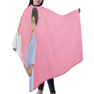 Personality  Positive Multiethnic Doctors Holding Hands Isolated On Pink, Banner, Breast Cancer Concept Hair Cutting Cape