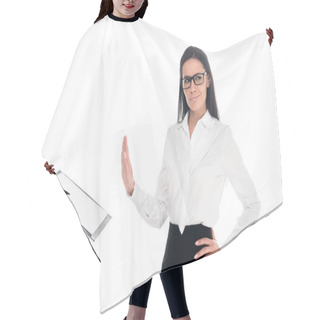 Personality  Dissatisfied Businesswoman In Glasses Refusing To Sign Contract Isolated On White Hair Cutting Cape
