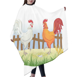 Personality  Two Cocks In Country Side Outdoor Scene With Fence Hair Cutting Cape