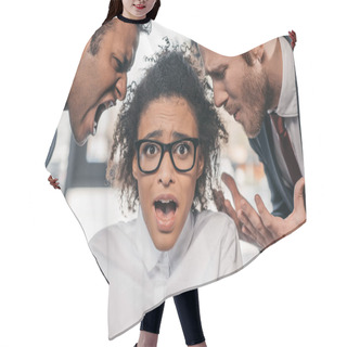 Personality  Businessmen Screaming On Businesswoman In Office Hair Cutting Cape