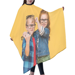 Personality  Portrait Of Smiling Kids In Eyeglasses Isolated On Yellow Hair Cutting Cape