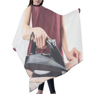 Personality  Cropped View Of Woman With Black Iron Ironing Shirt Isolated On Grey Hair Cutting Cape