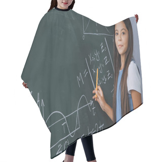 Personality  Child Holding Pen While Showing Mathematical Formulas On Chalkboard  Hair Cutting Cape
