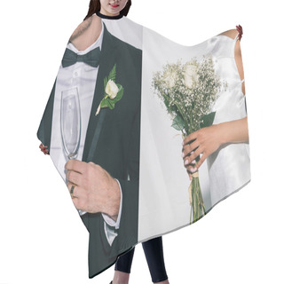 Personality  Collage Of Bridegroom Holding Champagne Glass, And African American Bride With Wedding Bouquet On White Background, Cropped View Hair Cutting Cape