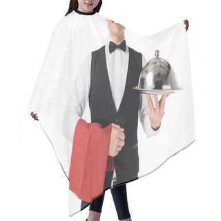 Personality  Smiling Professional Waiter Presenting Serving Tray With Cover Isolated On White Hair Cutting Cape