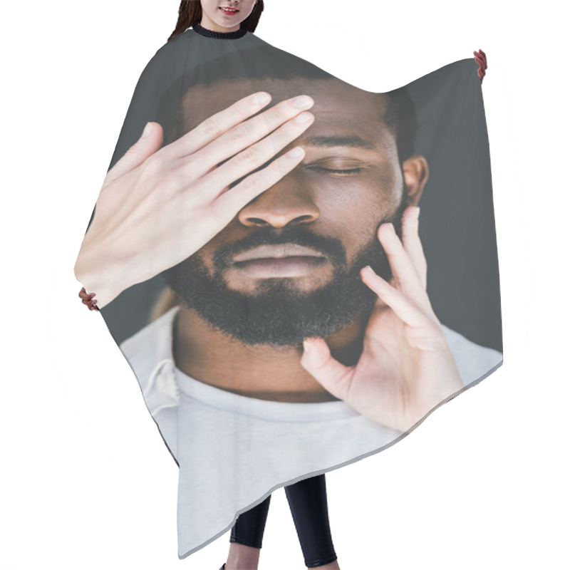 Personality  Cropped Image Of Girlfriend Closing African American Boyfriend Eyes Isolated On Black Hair Cutting Cape