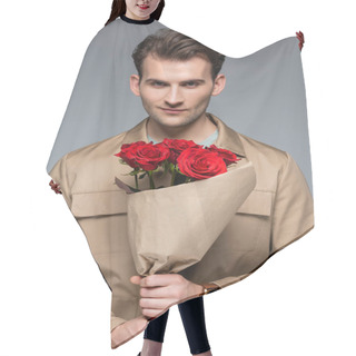 Personality  Stylish Man Holding Bouquet Of Red Roses Wrapped In Paper Isolated On Grey Hair Cutting Cape