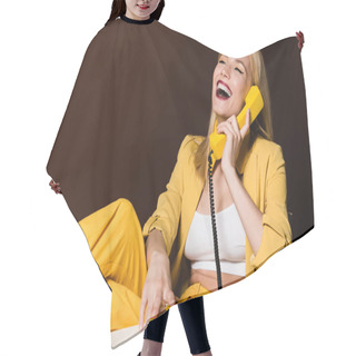 Personality  Cheerful Blonde Girl Talking By Yellow Vintage Phone And Laughing On Brown Hair Cutting Cape