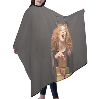 Personality  Laughing Woman In Maleficent Costume Holding Presents For Halloween On Black Hair Cutting Cape