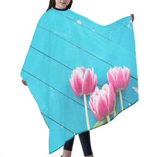 Personality  Pink Flowers On Blue Wooden Background. Floral Background Hair Cutting Cape