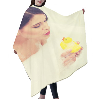 Personality  Woman Taking A Bath With Yellow Duck. Hair Cutting Cape