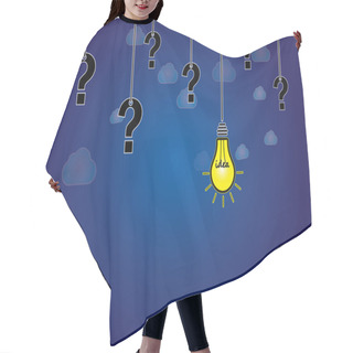 Personality  Question Mark & Bright Yellow Light Bulb With Idea Text Hanging. Dark Blue Night Sky With White Clouds Background With Glowing Lightbulb Solution And Question Marks Hanging Along Side - Abstract Art Hair Cutting Cape