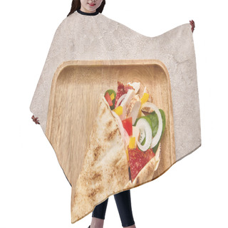 Personality  Top View Of Fresh Burrito With Chicken And Vegetables On Board On Concrete Grey Background Hair Cutting Cape
