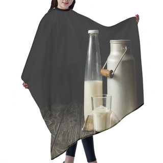 Personality  Milk In Bottle, Glass And Aluminium Can On Sackcloth On Black Background  Hair Cutting Cape